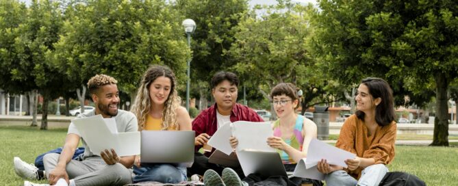 College students working together in the park